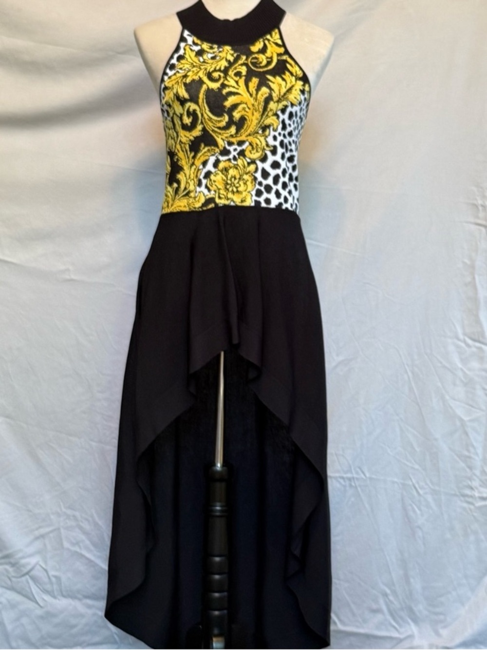 NY&C 7th Ave Design Studio women's yellow and black high-low knit halter dress